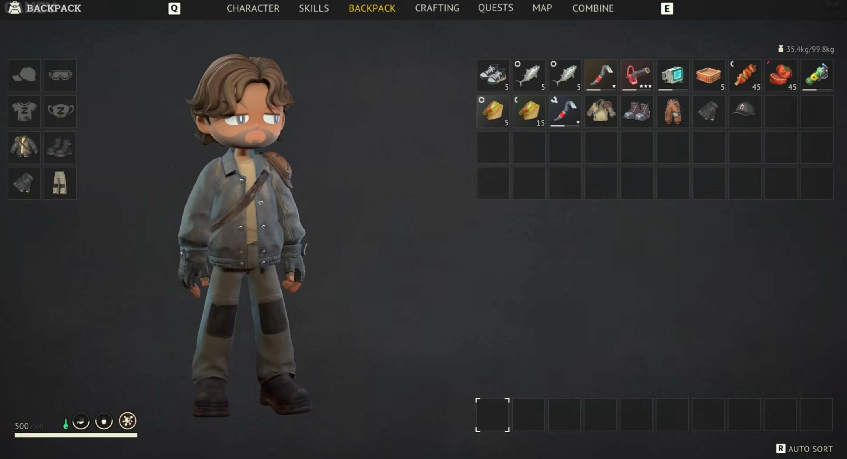 Zeverland backpack inventory with equipment and supplies