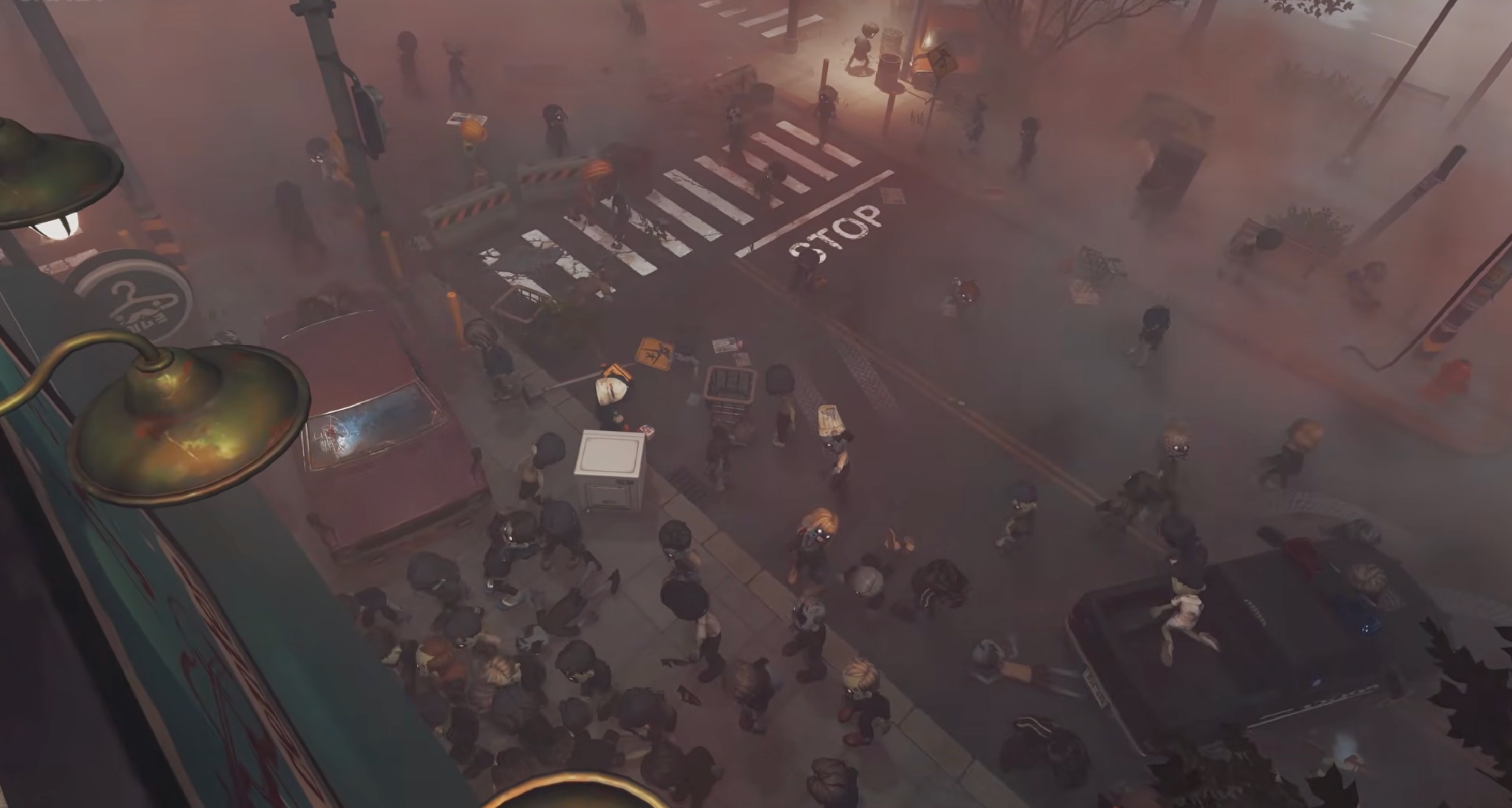 Zeverland street scene with zombies and vehicles